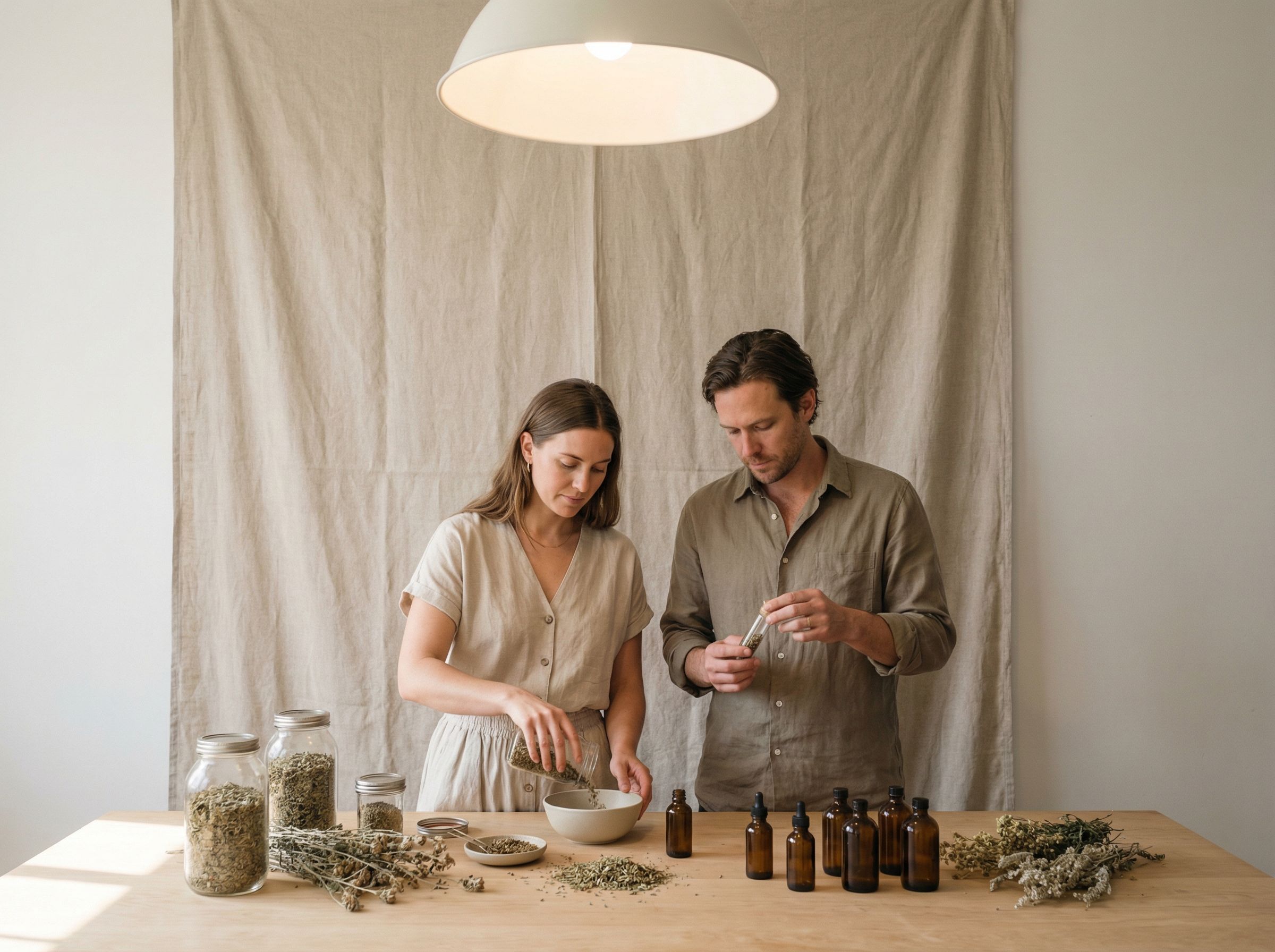 Smiling man holding a supplement bottle in an indoor kitchen setting with warm lighting.